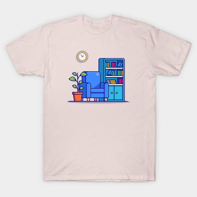 Living Room With Library Book And Plant T-Shirt by Catalyst Labs